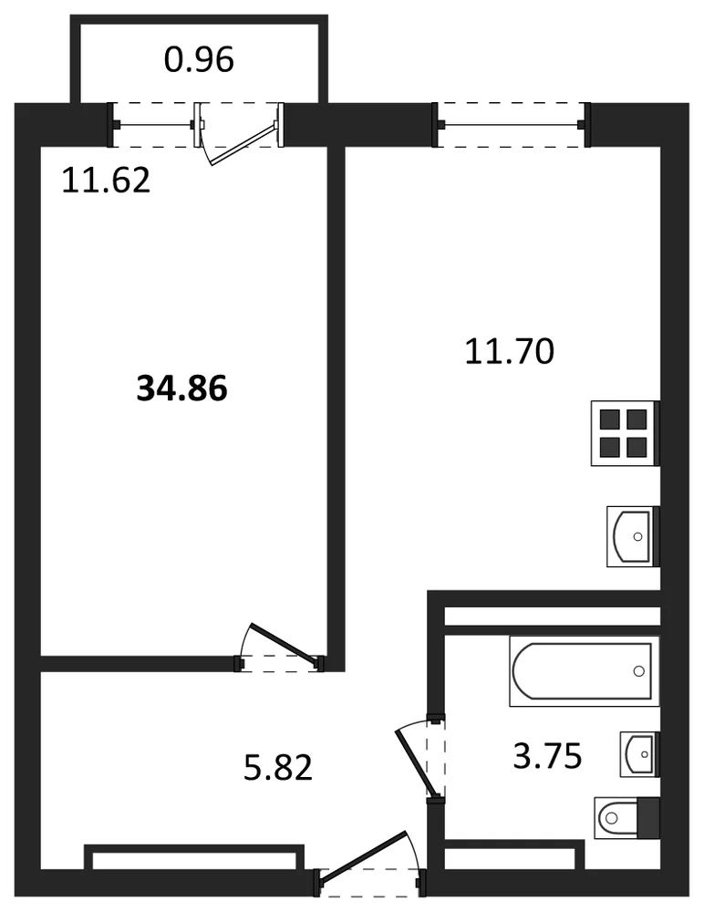 Планировка: 1-комн., 33,2 м²