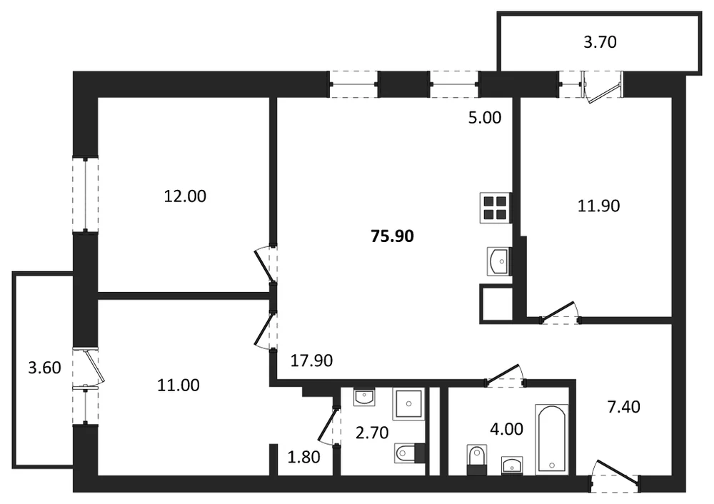 Планировка: 3-комн., 75,9 м²