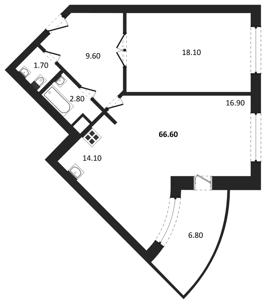 Планировка: 1-комн., 66,6 м²