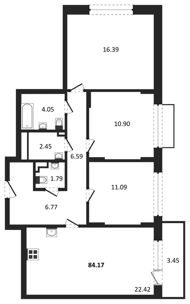 Планировка: 3-комн., 84,2 м²