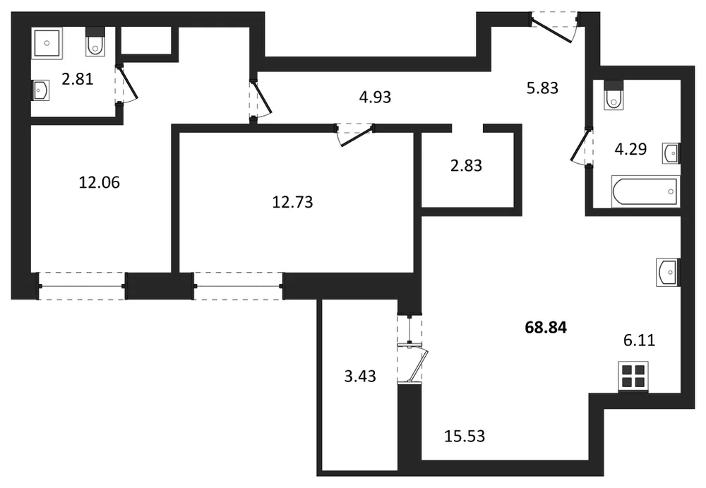 Планировка: 2-комн., 68,8 м²