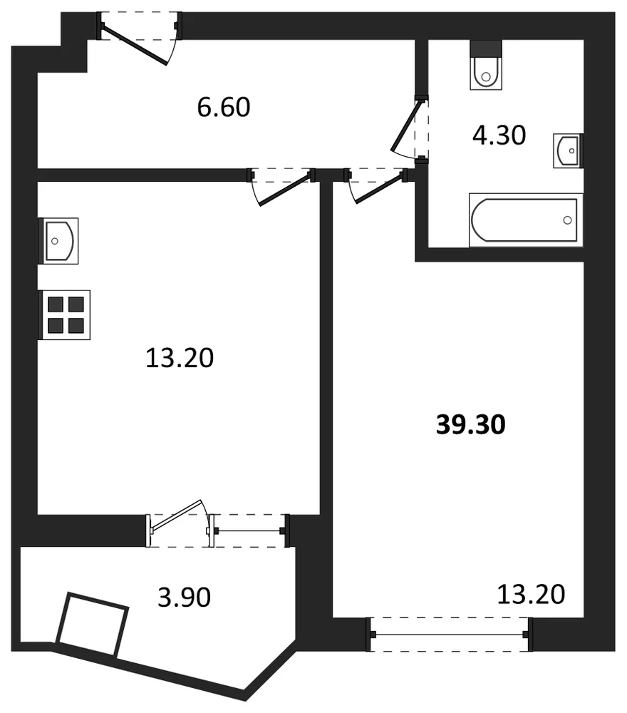Планировка: 1-комн., 39,3 м²
