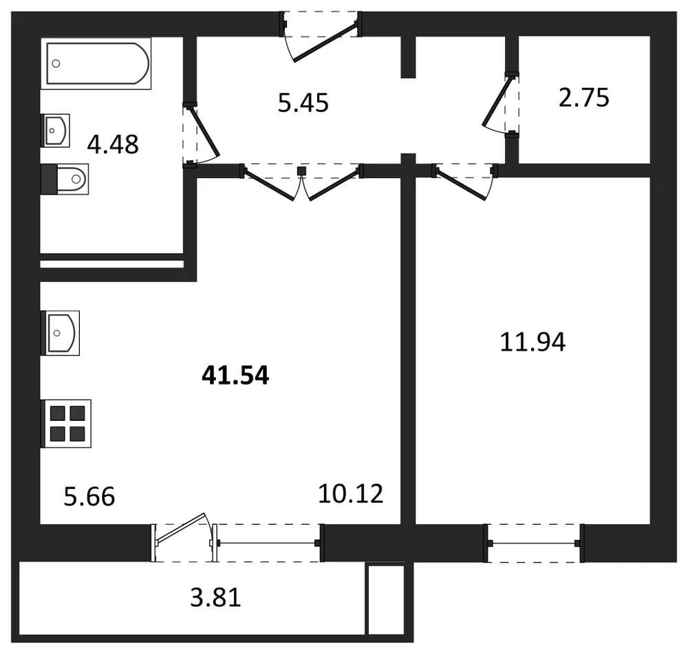 Планировка: 1-комн., 41,5 м²