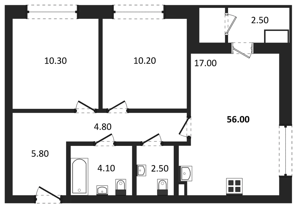 Планировка: 2-комн., 56 м²