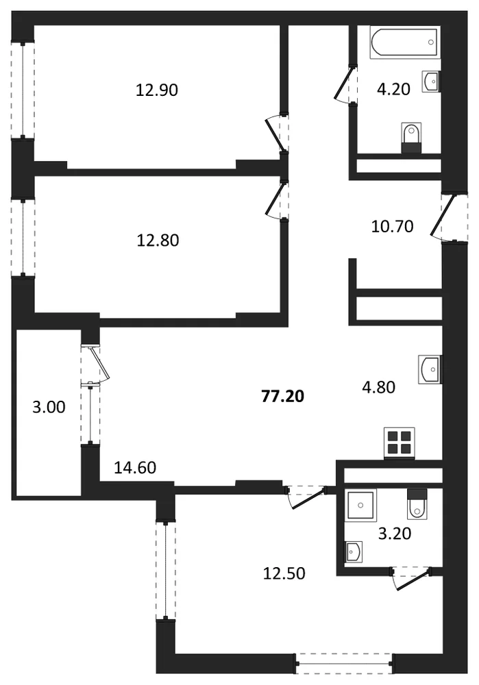 Планировка: 3-комн., 77,2 м²