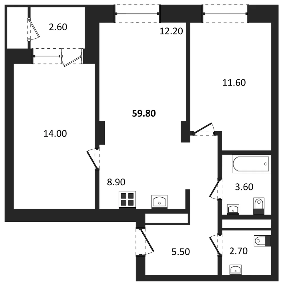 Планировка: 2-комн., 59,8 м²