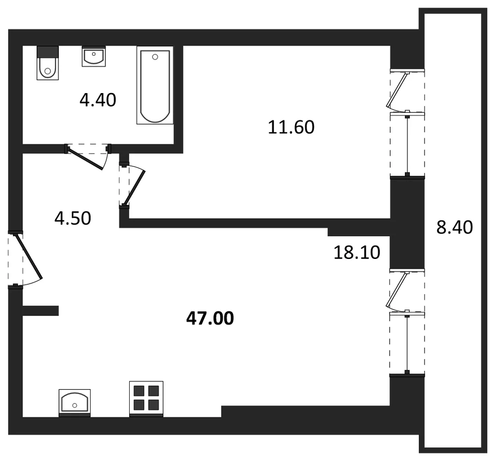 Планировка: 1-комн., 41,1 м²