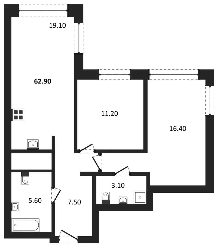 Планировка: 2-комн., 62,9 м²