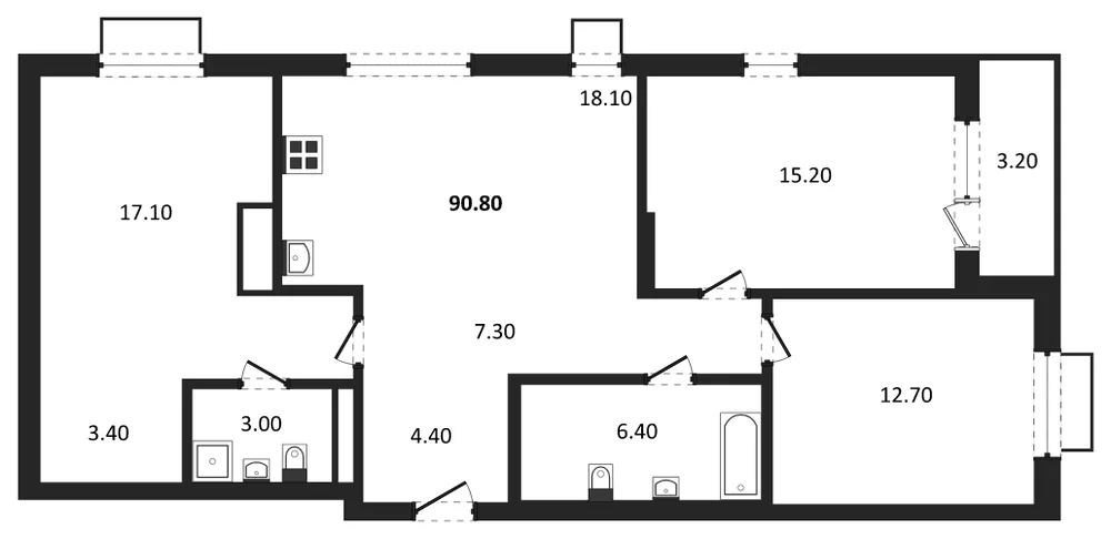 Планировка: 3-комн., 90,8 м²
