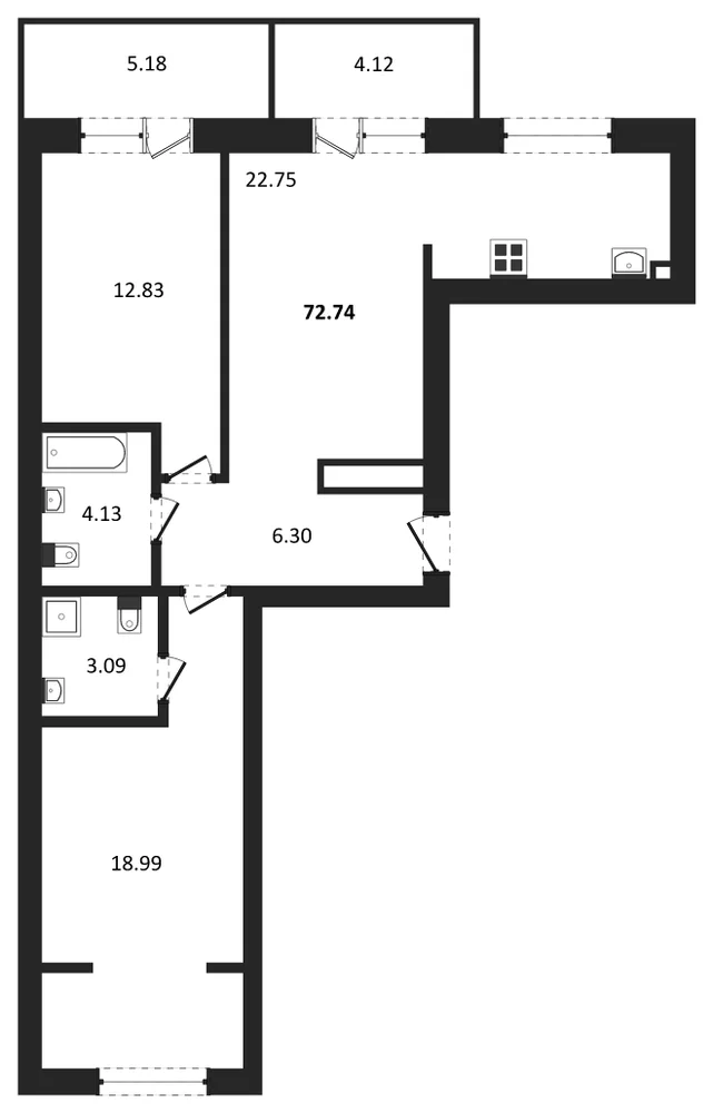Планировка: 2-комн., 72,8 м²