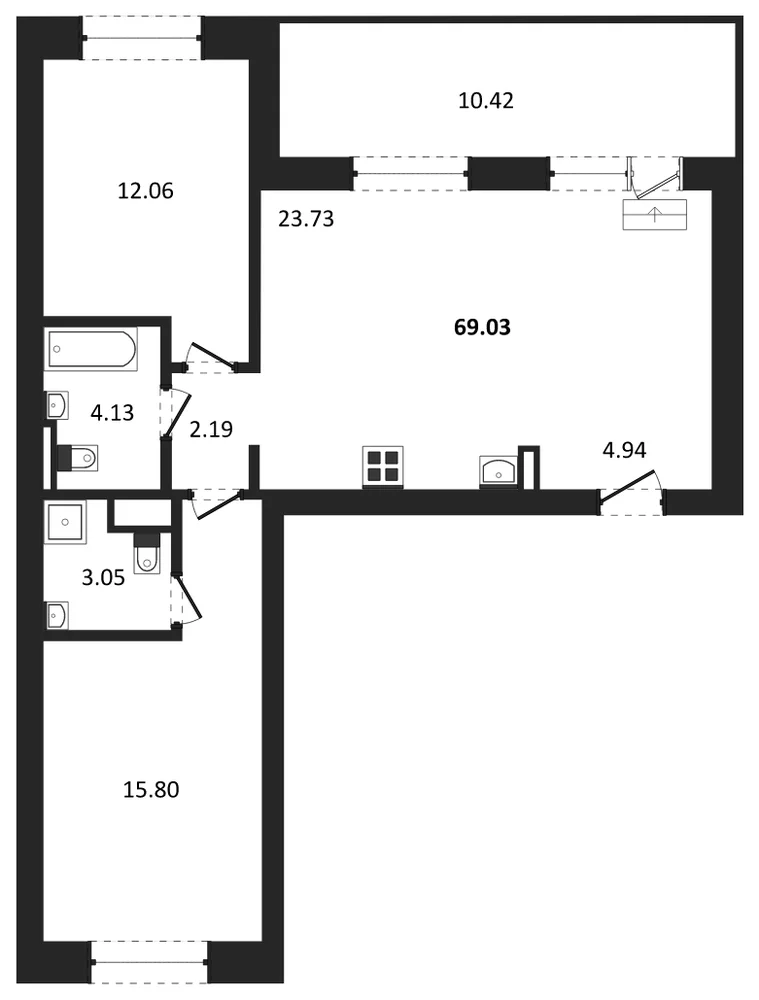 Планировка: 2-комн., 69 м²