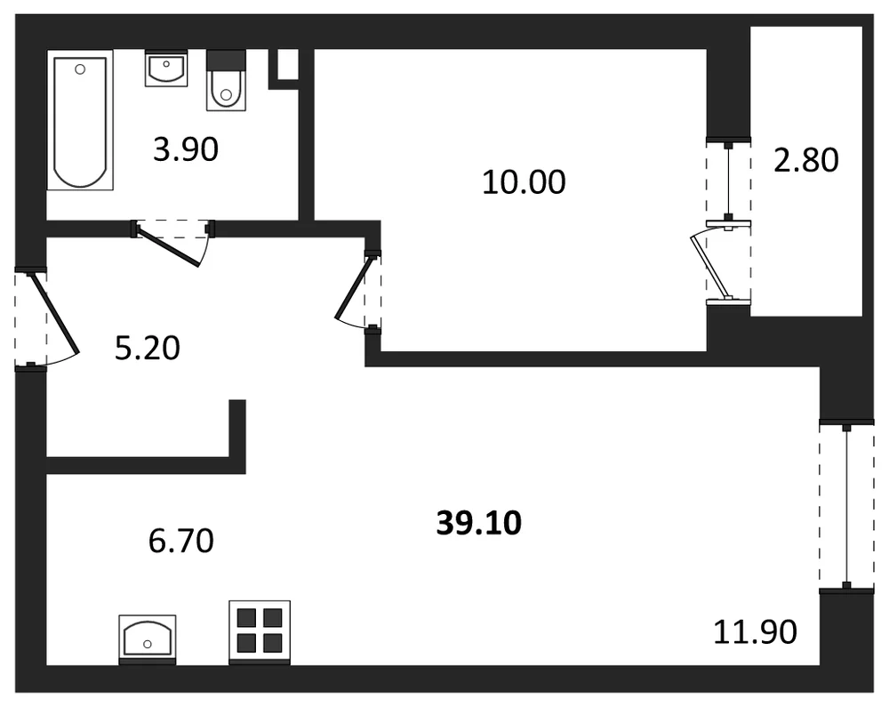 Планировка: 1-комн., 39,1 м²