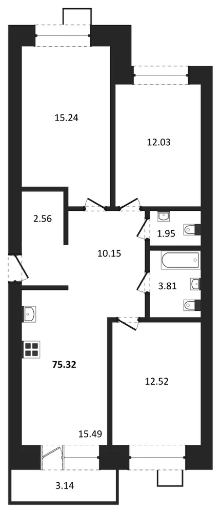 Планировка: 3-комн., 75,4 м²