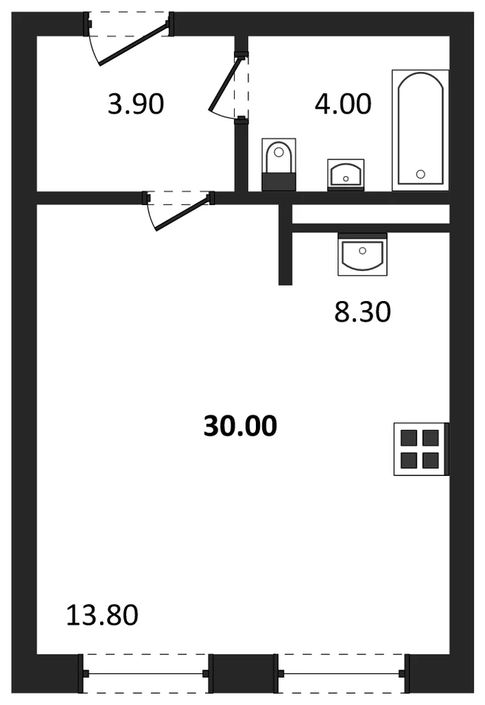 Планировка: Студия, 30 м²