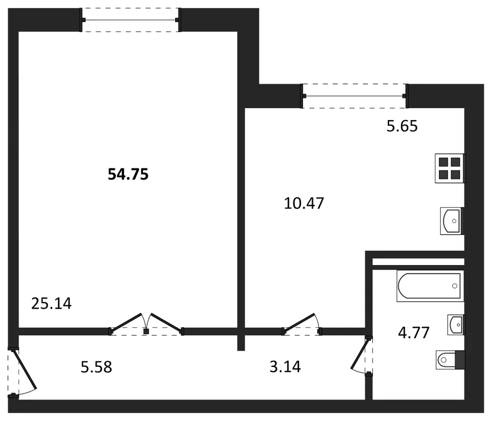 Планировка: 1-комн., 54,5 м²