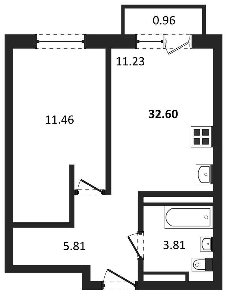 Планировка: 1-комн., 32,6 м²