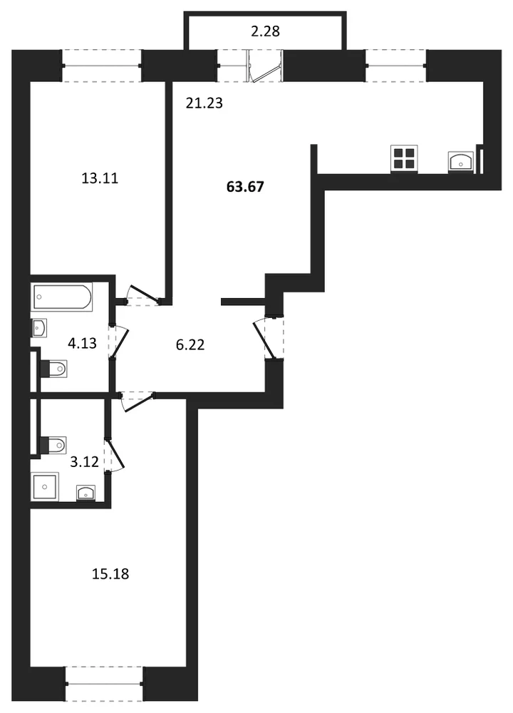 Планировка: 2-комн., 63,7 м²