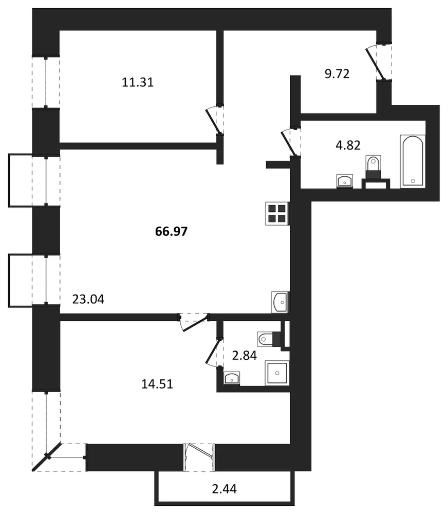 Планировка: 2-комн., 67 м²