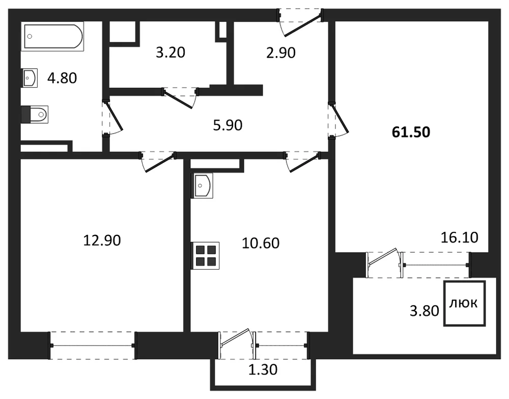 Планировка: 2-комн., 61,5 м²