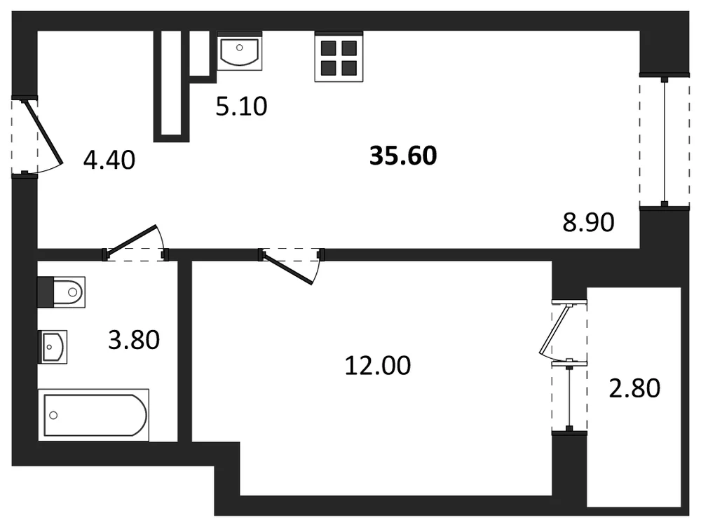 Планировка: 1-комн., 35,6 м²