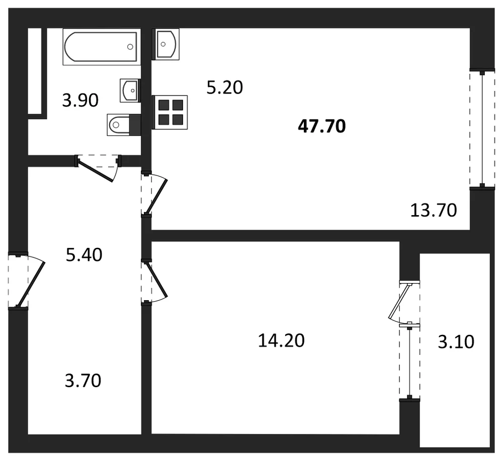 Планировка: 1-комн., 47,7 м²