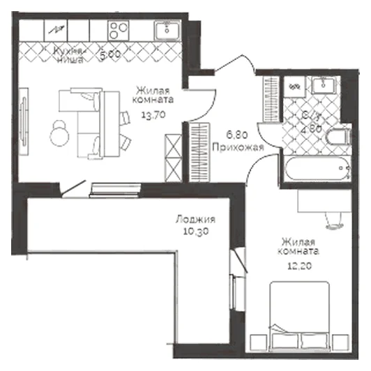 Планировка: 1-комн., 47,7 м²
