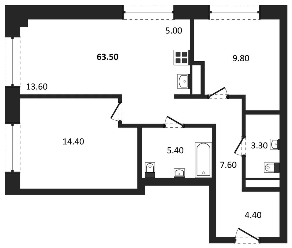 Планировка: 3-комн., 63,5 м²