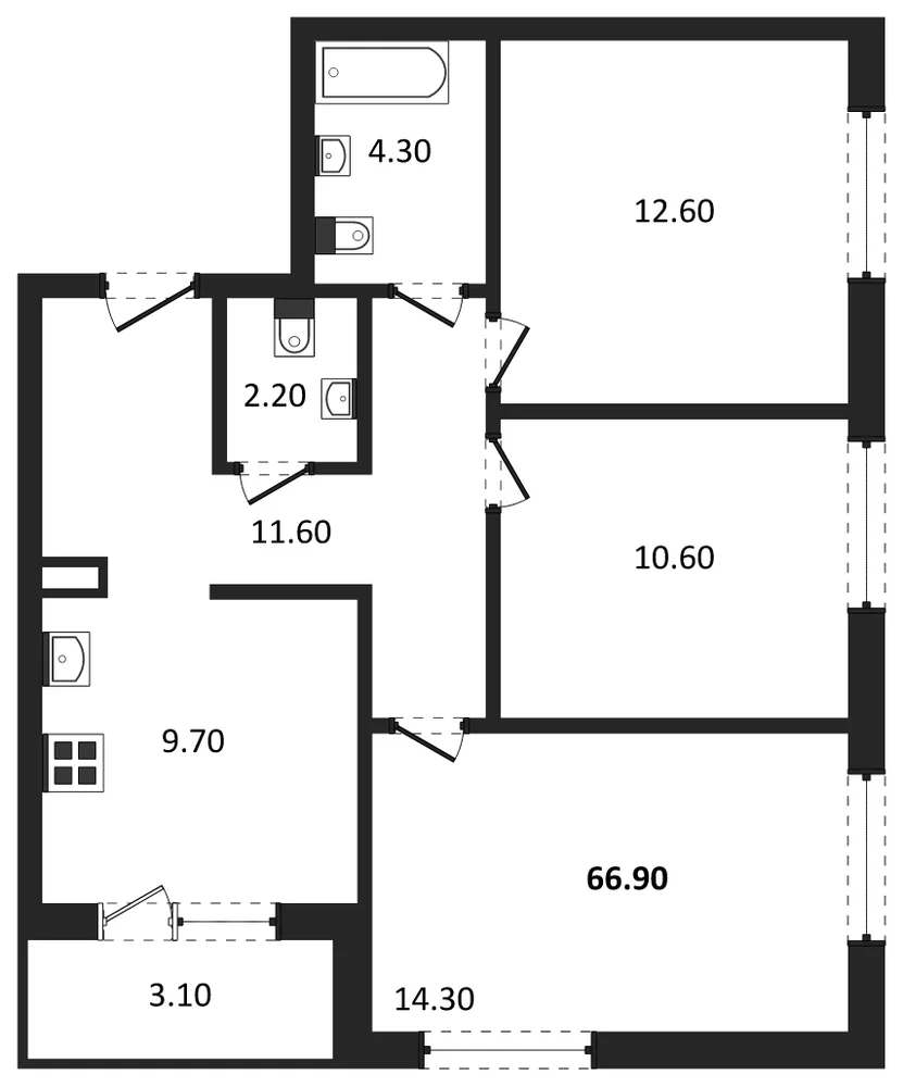Планировка: 3-комн., 66,8 м²