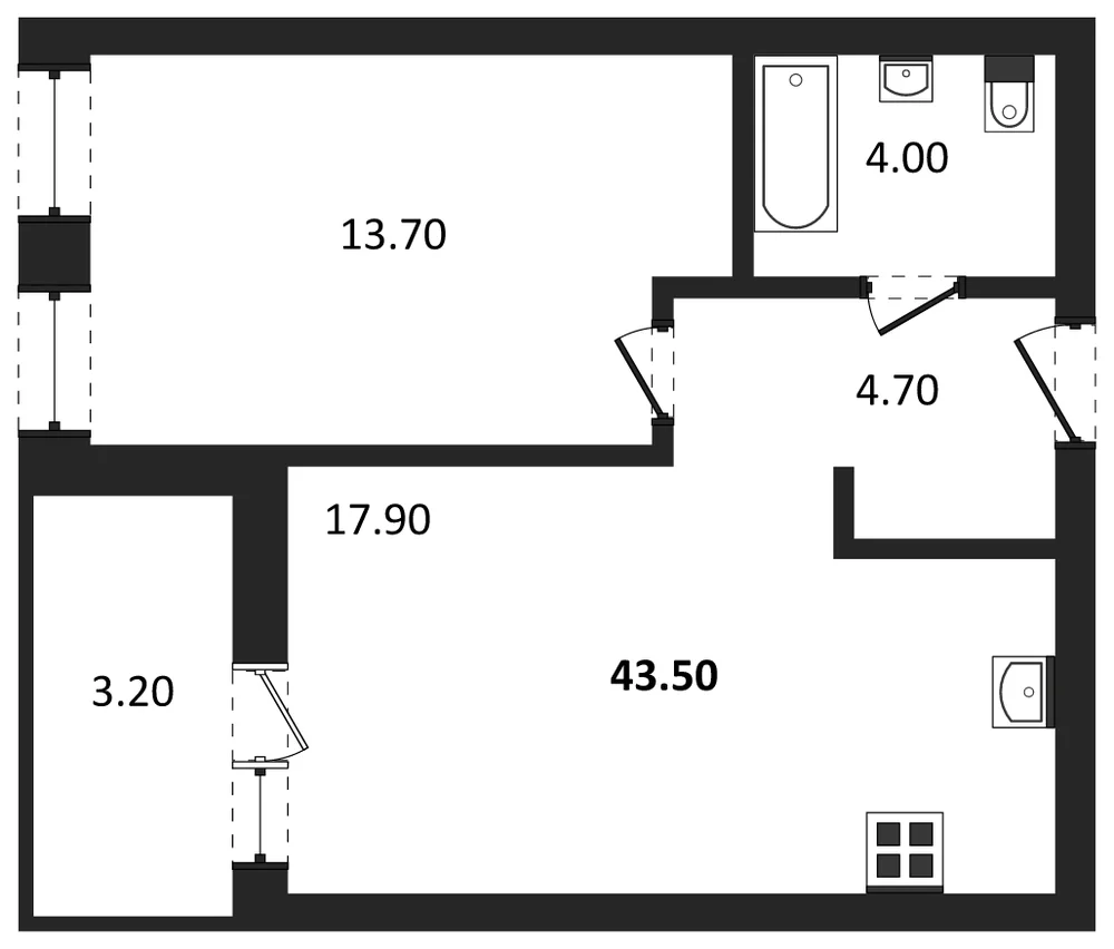 Планировка: 1-комн., 41,9 м²