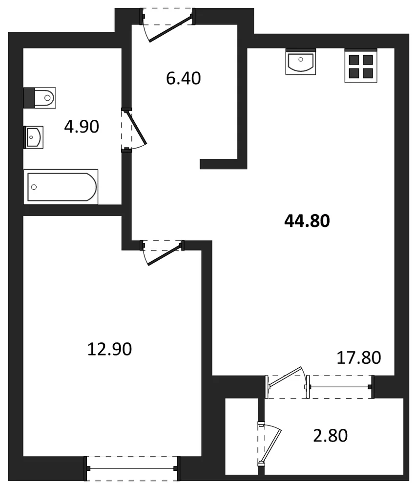 Планировка: 1-комн., 44,8 м²