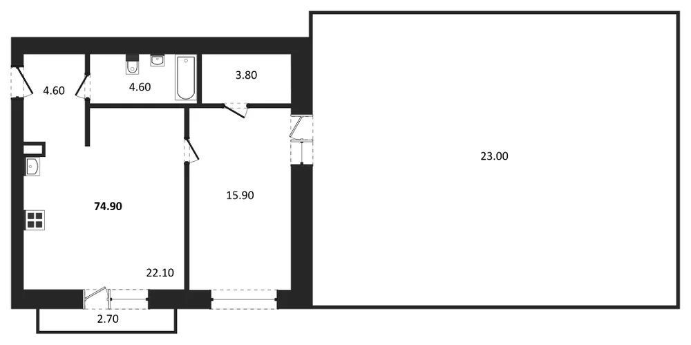 Планировка: 1-комн., 74,9 м²