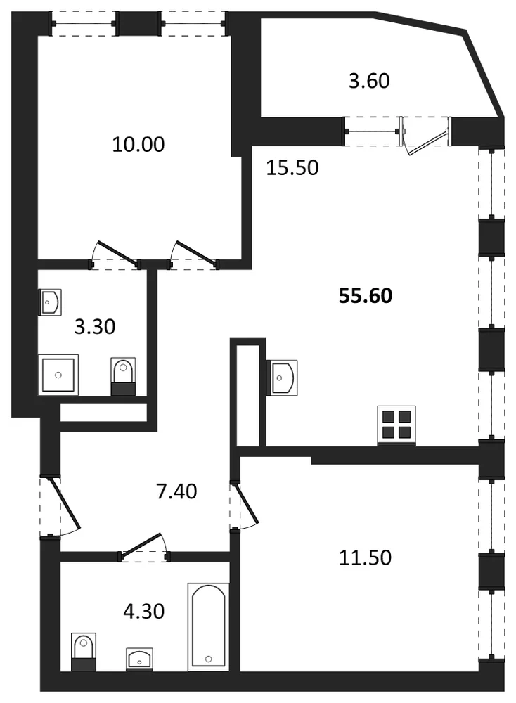 Планировка: 2-комн., 53,8 м²