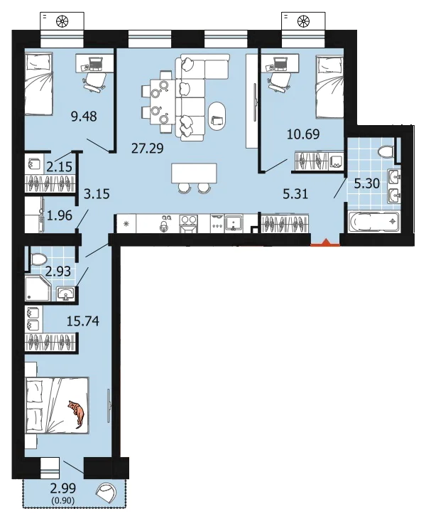 Планировка: 3-комн., 84,9 м²