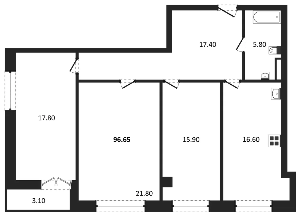 Планировка: 3-комн., 97 м²