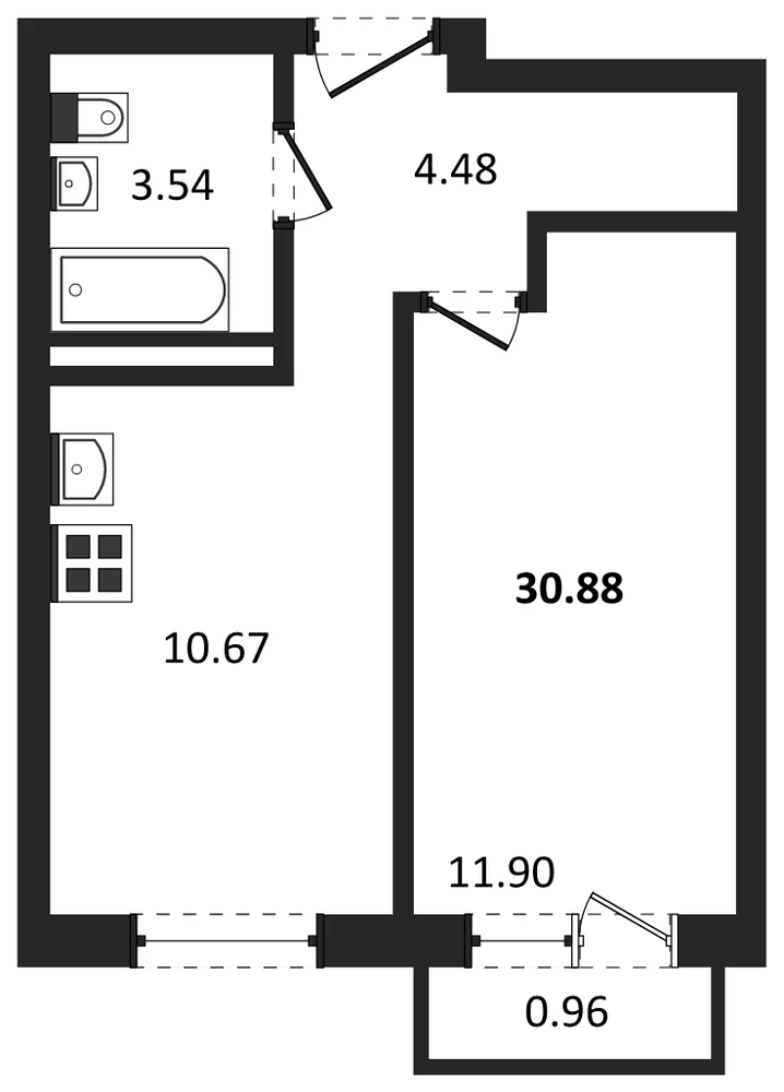 Планировка: 1-комн., 30,9 м²