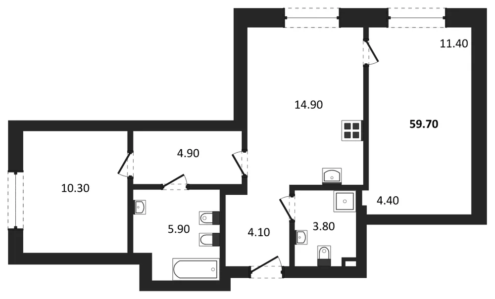 Планировка: 2-комн., 59,7 м²