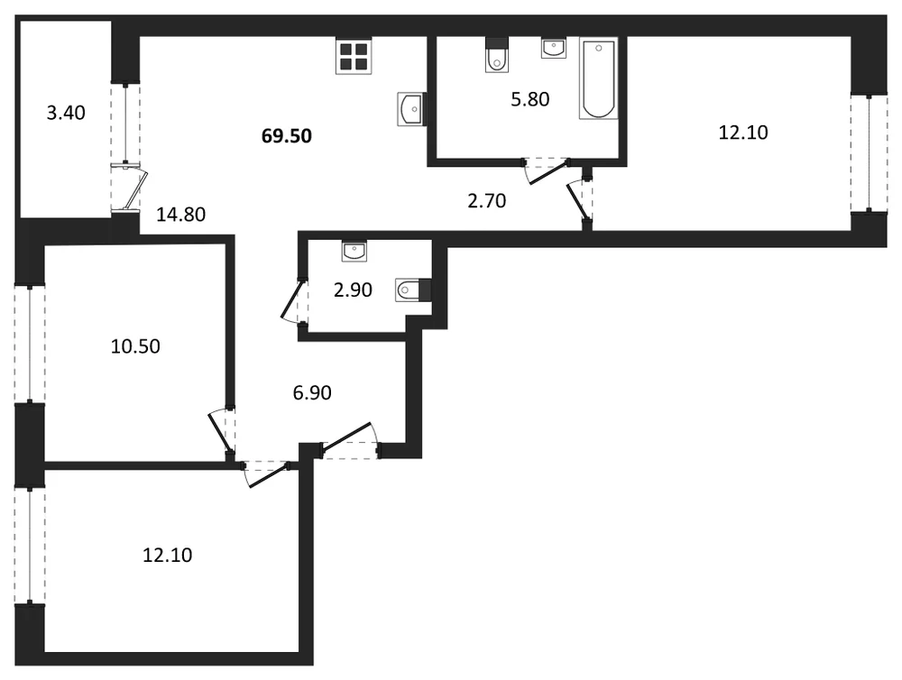 Планировка: 3-комн., 69,5 м²