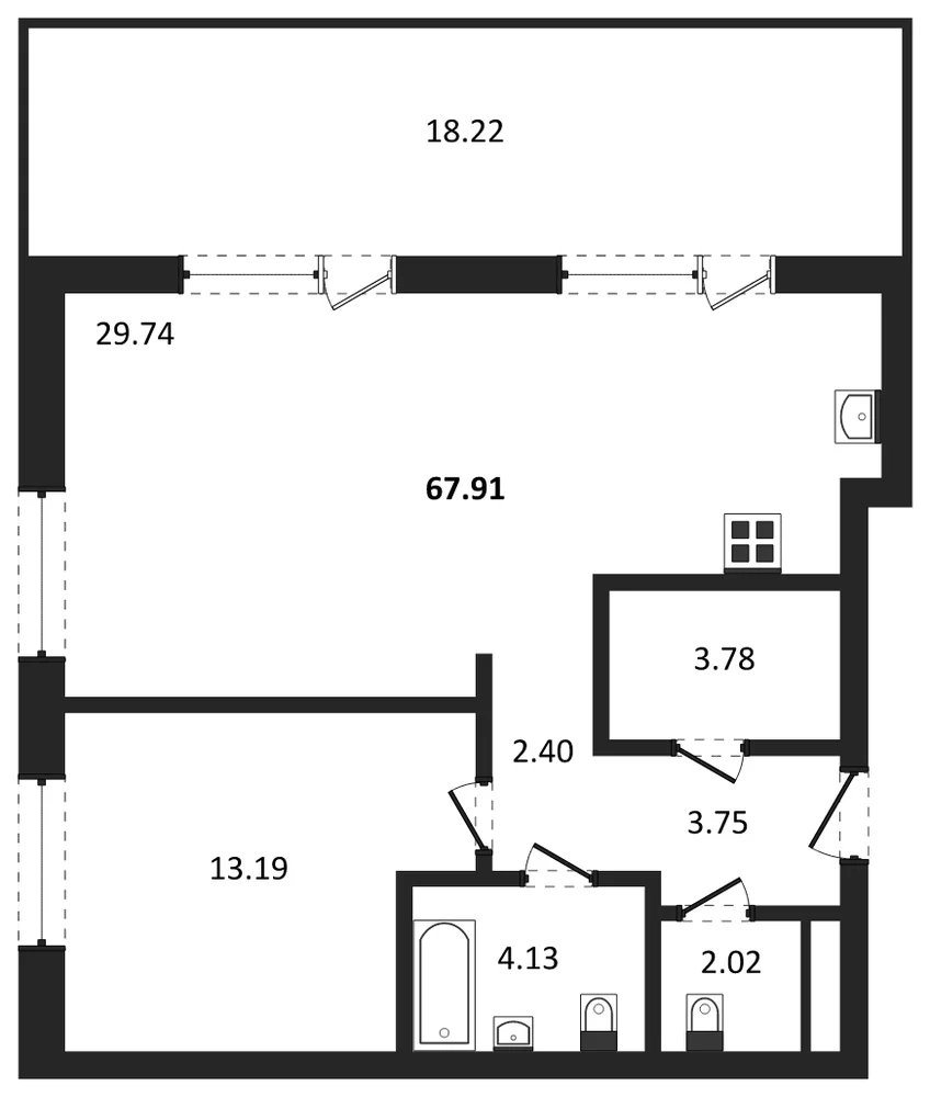 Планировка: 1-комн., 67,5 м²