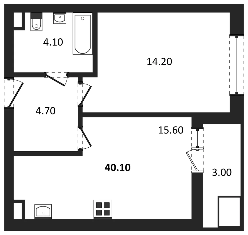 Планировка: 1-комн., 40,1 м²