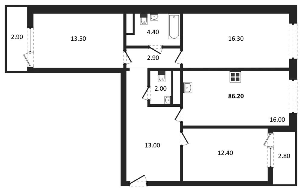 Планировка: 3-комн., 86,2 м²