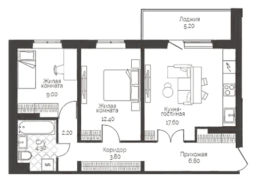 Планировка: 2-комн., 58,7 м²