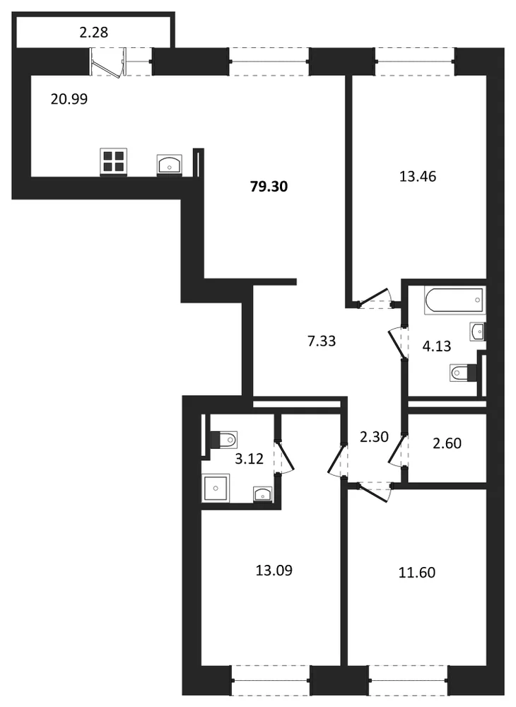 Планировка: 3-комн., 79,3 м²