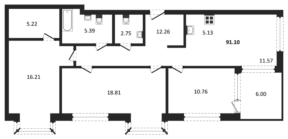 Планировка: 4-комн., 90,8 м²