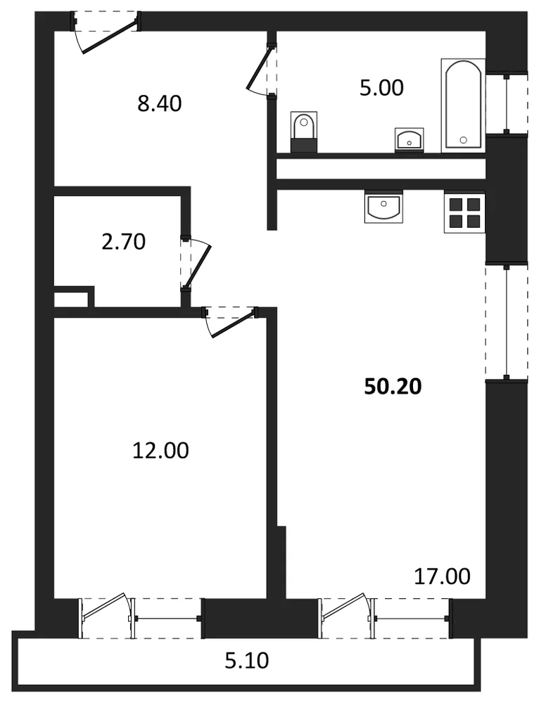 Планировка: 1-комн., 46,6 м²