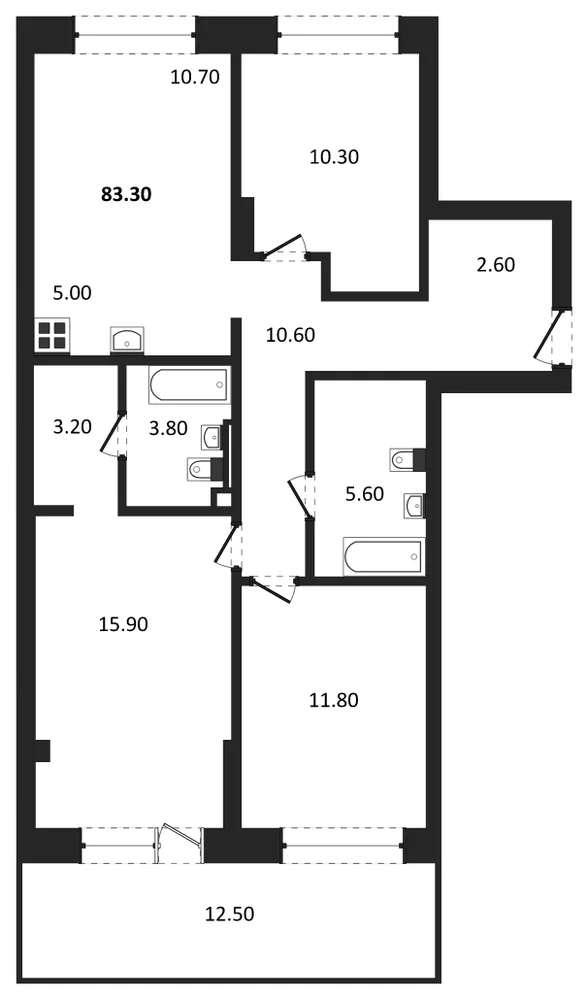 Планировка: 3-комн., 83,3 м²