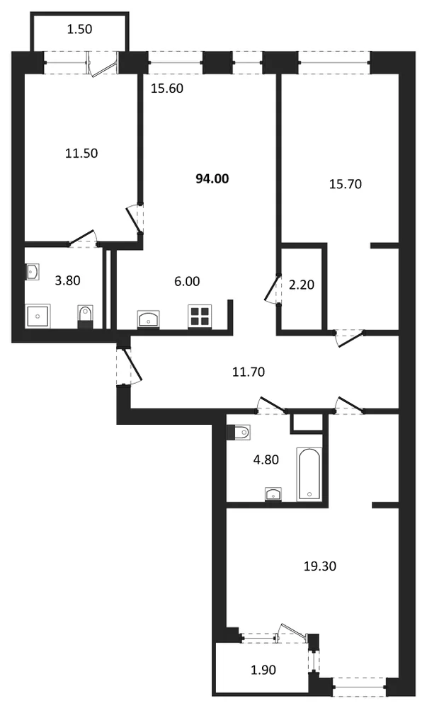Планировка: 3-комн., 94 м²