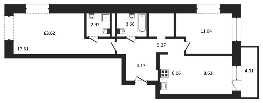 Планировка: 2-комн., 63,6 м²