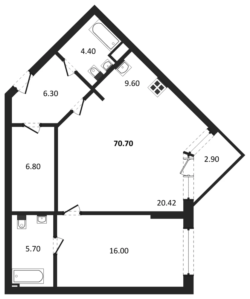 Планировка: 1-комн., 70,7 м²