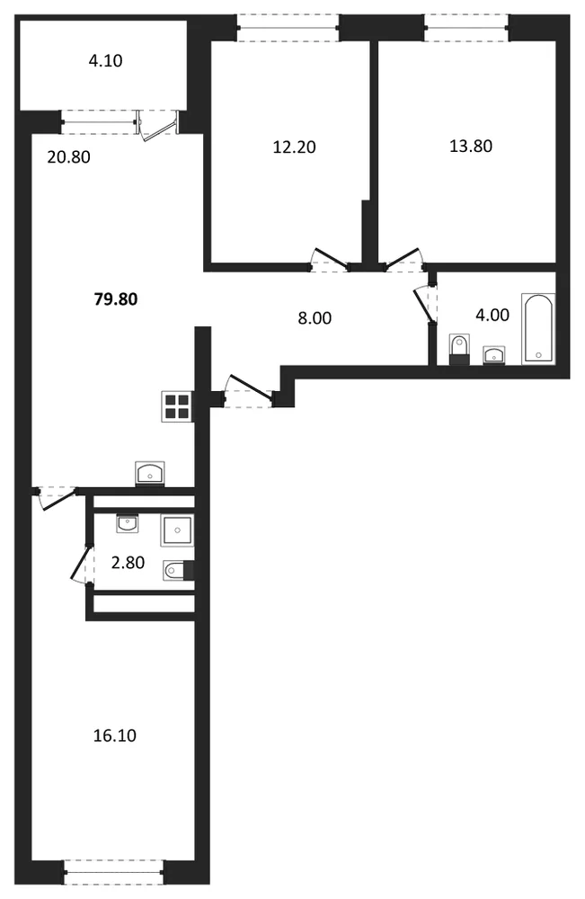 Планировка: 3-комн., 79,8 м²