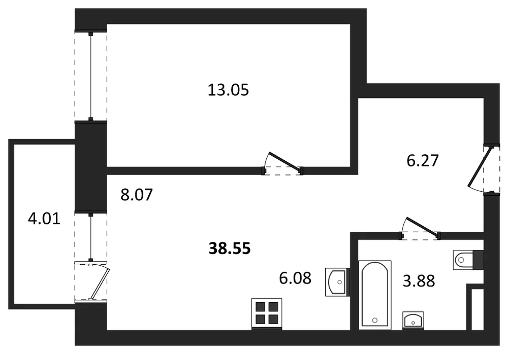 Планировка: 1-комн., 38,6 м²
